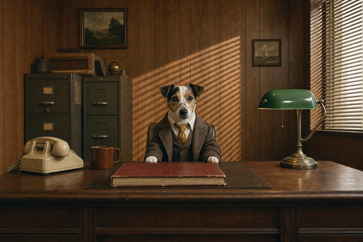 Jack, a Jack Russell terrier in an oversized brown suit, sitting bolt upright behind a wooden desk.