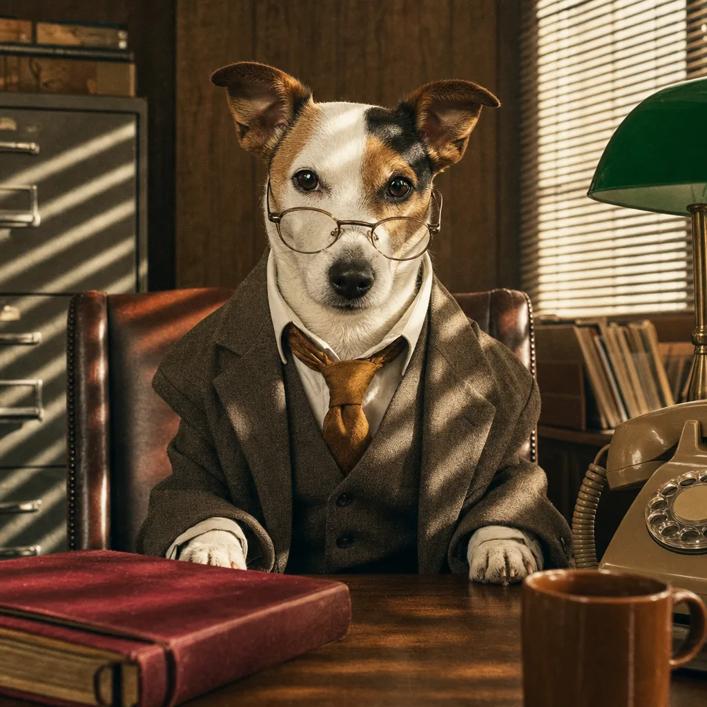 Jack sitting bolt upright in a brown three-piece suit, ears raised, morning light through venetian blinds.