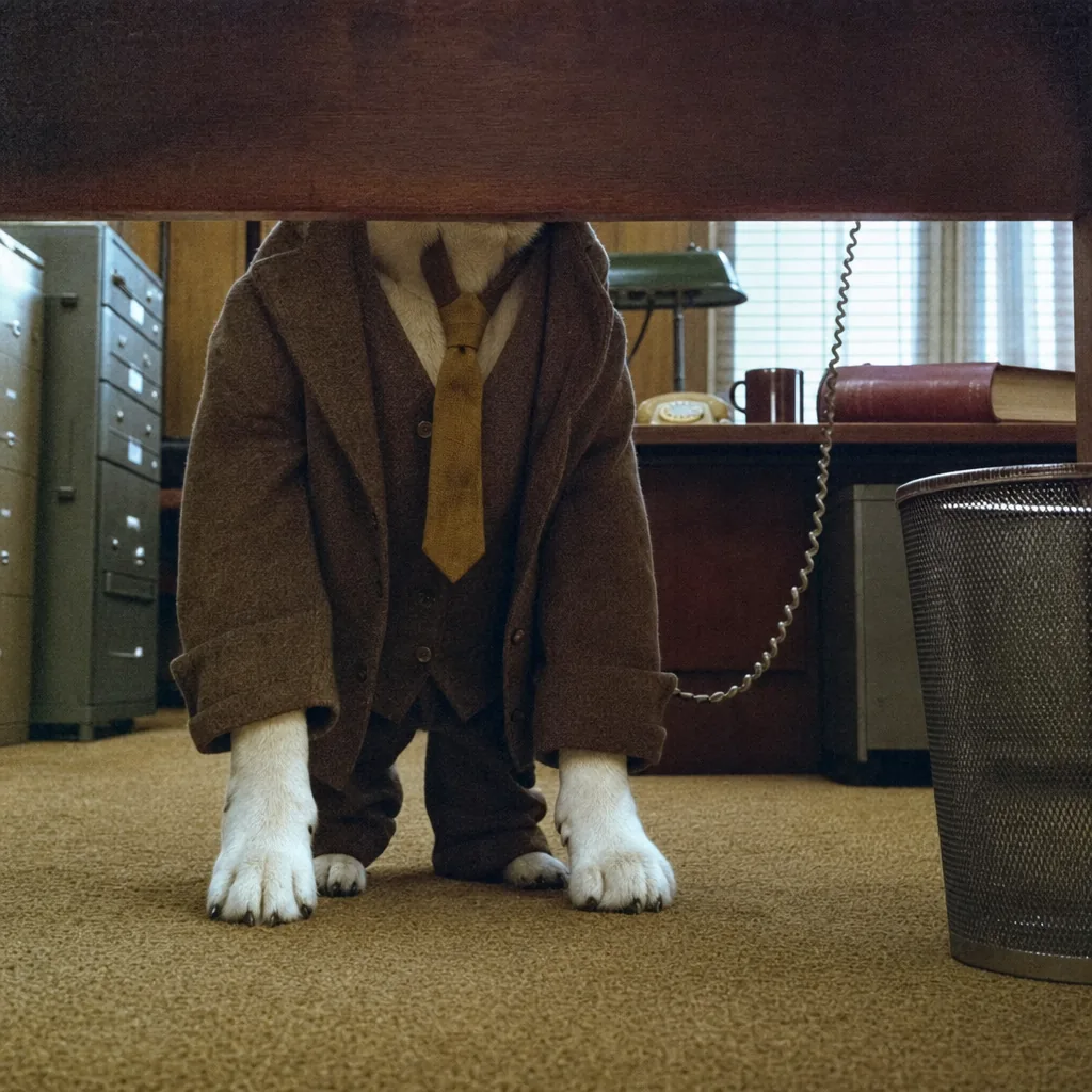 Floor level view under the desk showing the dog's short legs and a wastepaper basket.
