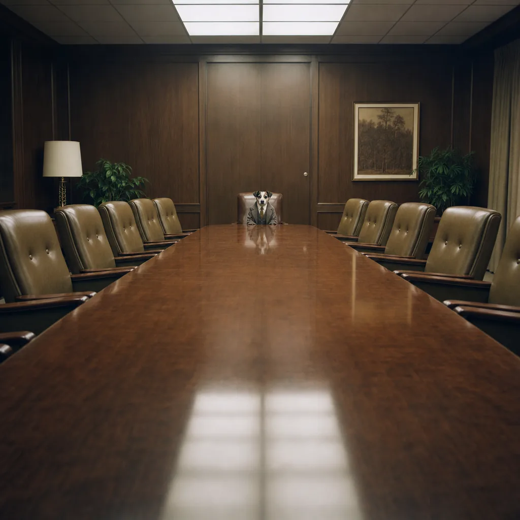 A boardroom with twelve empty chairs and one small dog sitting on the thirteenth.