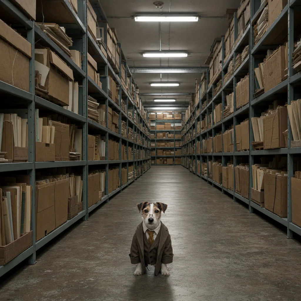 A filing room with folders from floor to ceiling and a very small dog at the bottom of the frame.