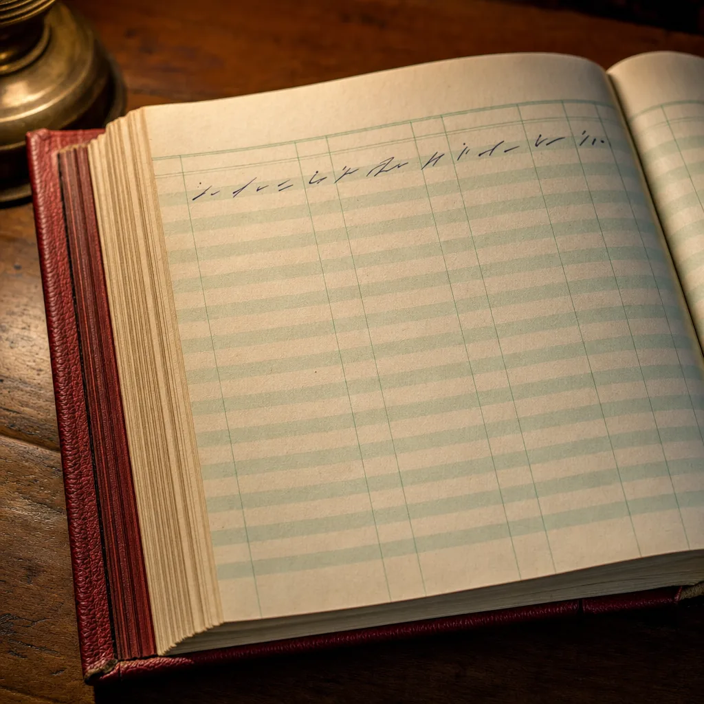 Close-up of a ledger page with a single line written on it and the rest of the page blank.