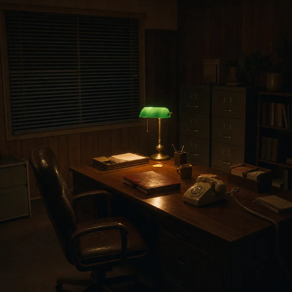 The office at night lit only by a green glass desk lamp, with an empty chair.
