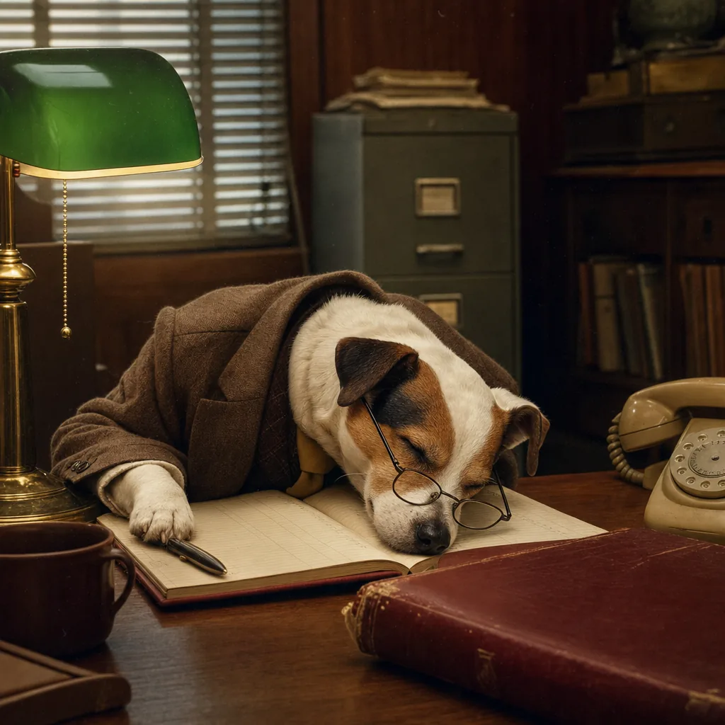 Jack asleep at the desk with his reading glasses askew.